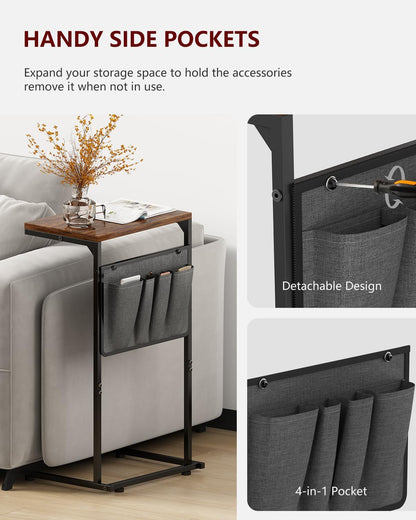 C Shaped End Table, Small Side Table for Couch and Recliner, Slide under Sofa Tray Desk with Storage Bag for Living Room and Bedroom, Rustic Brown