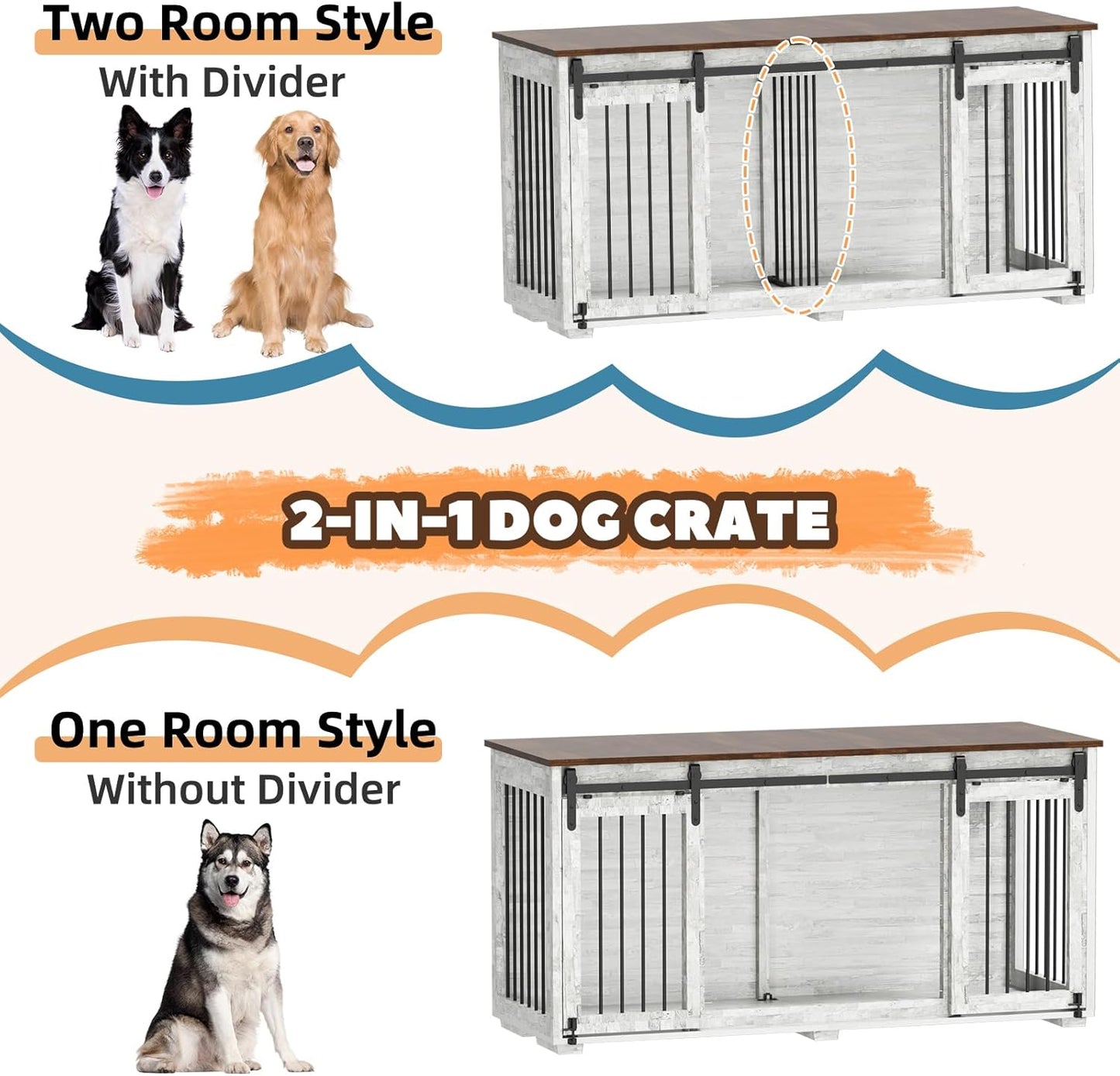 Dog Crate Furniture, 63''Wooden Dog Kennel with Removable Divider and Sliding Door, Dog Crates with Double Rooms, Heavy Duty Dog Crate Table Indoor TV Stand for Small Medium Large Dogs