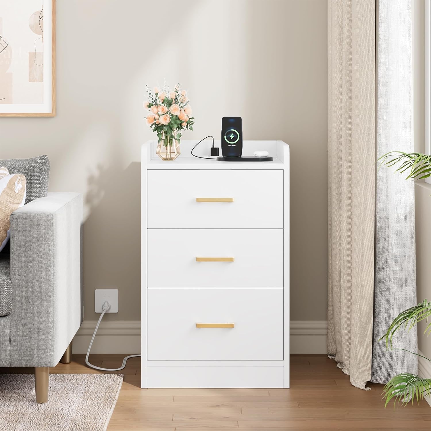 Nightstands Set of 2 with Charging Station, 3 Drawer Nightstand with Gold Handles, White Nightstand for Bedroom, Modern Design End Side Table for Home, Office