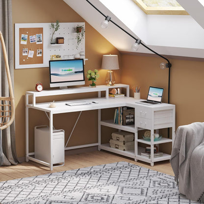 55-Inches Reversible L Shaped Desk with Drawer, Modern White L Corner Desk Home Office Table with Storage Shelves and Monitor Stand, Wooden and Metal PC Desk for Small Space
