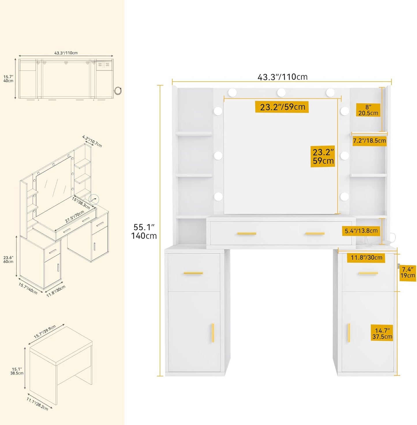 Makeup Vanity Set with Mirror & 3-Mode Lights, Vanity Desk with Storage Stool, Power Outlet, Shelves, Drawers & Hair Tool Holder, Dressing Table for Apartment Dorm Guest Room, White