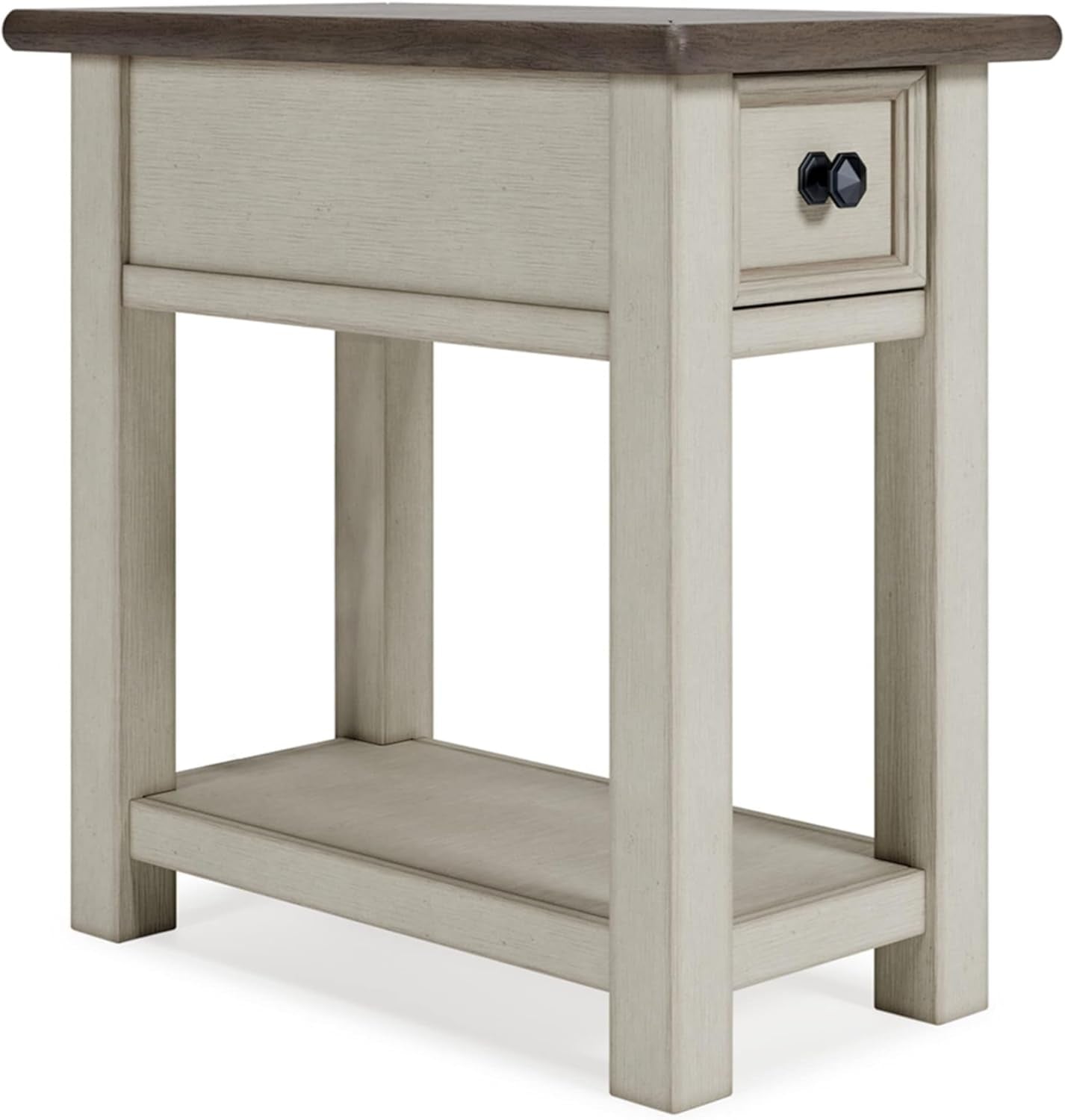 Bolanburg Chairside End Table with Charging Station, Two-Tone Wood Accent Table with Drawer Storage, Plank Top Design for Living Room or Bedroom, Antique White