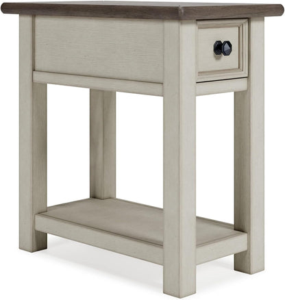Bolanburg Chairside End Table with Charging Station, Two-Tone Wood Accent Table with Drawer Storage, Plank Top Design for Living Room or Bedroom, Antique White