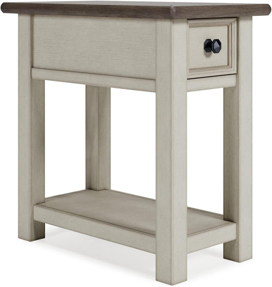 Bolanburg Chairside End Table with Charging Station, Two-Tone Wood Accent Table with Drawer Storage, Plank Top Design for Living Room or Bedroom, Antique White