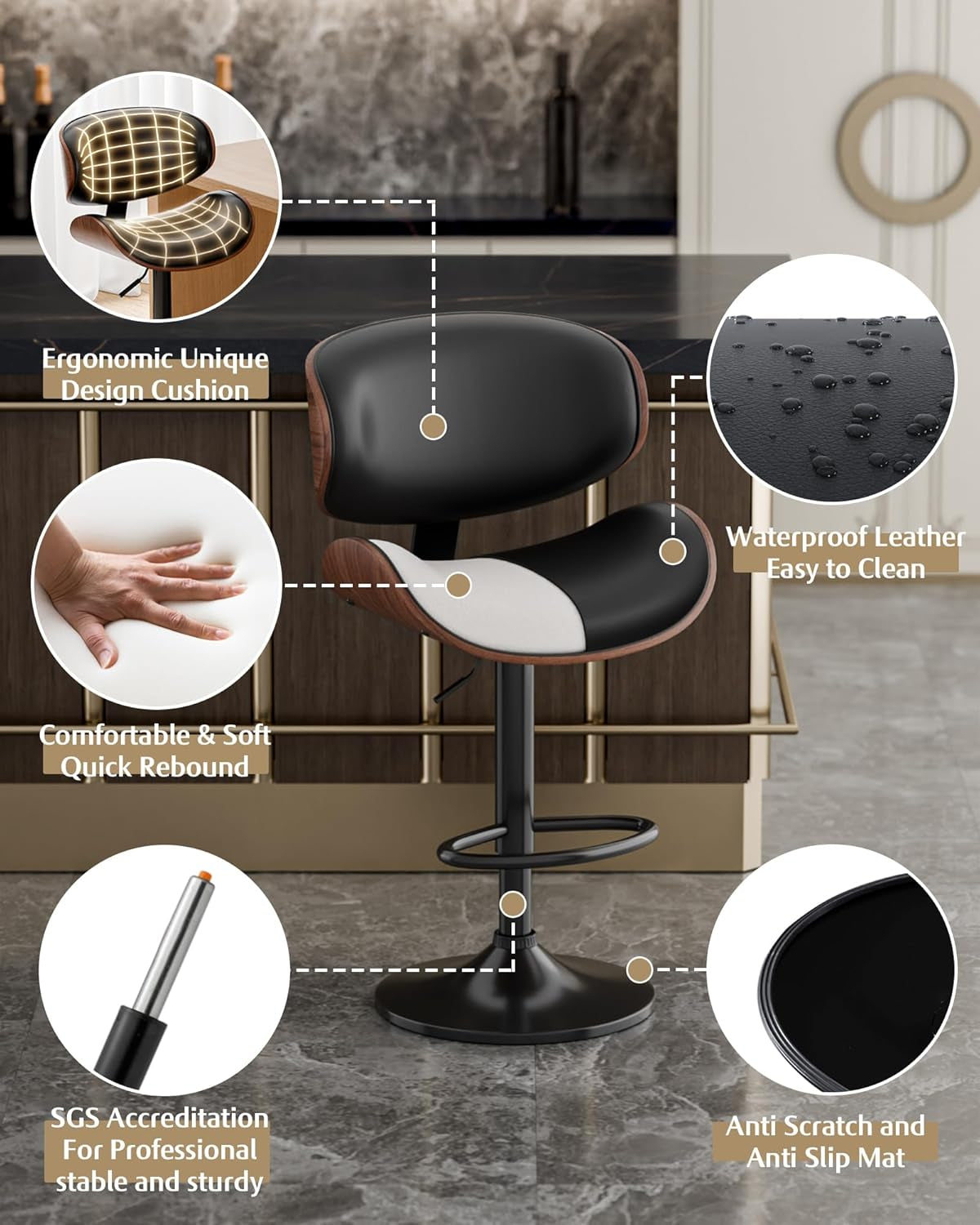 Bar Stools Set of 2, Adjustable Swivel Leather Bar Stools for Kitchen Island, Mid Century Modern Counter Height Bar Chairs Barstools with Back & Footrest (Black)