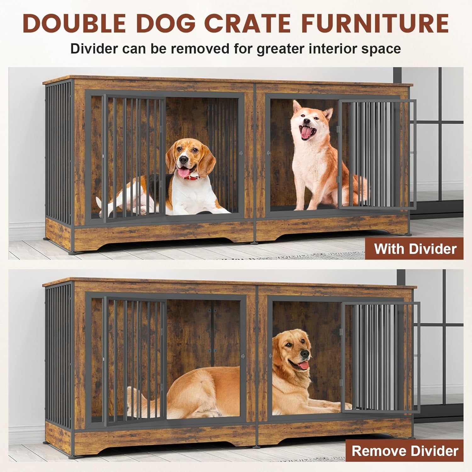 3-In-1 75 Inch Double Dog Crate Furniture for 2 Large Dogs Durable Rustic Brown TV Stand Dog Crate with Trays and Divider