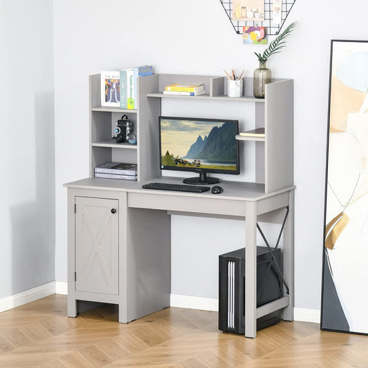 Farmhouse Computer Desk with Hutch and Cabinet, Home Office Desk with Storage, for Study, Light Grey