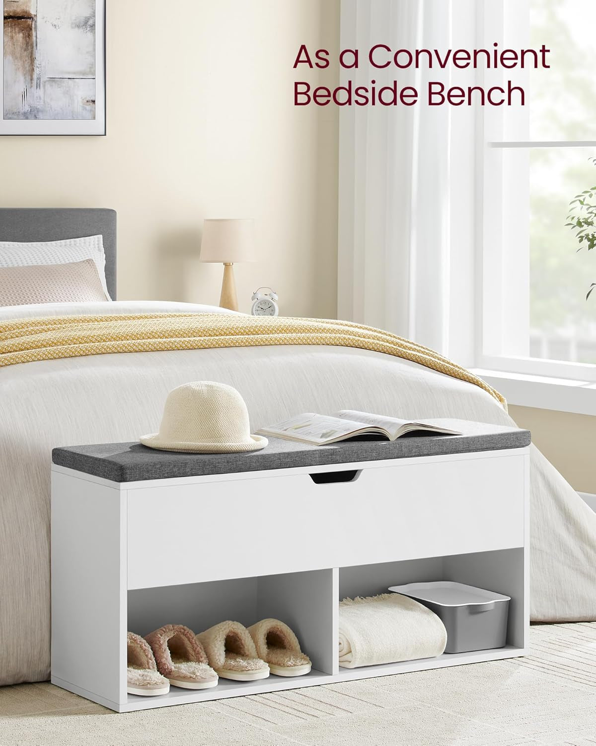 Shoe Storage Bench with Cushion, Entryway Shoe Rack Bench with Storage, 2 Open and 1 Hidden Compartments, for Living Room, Bedroom, White and Gray ULHS021W01
