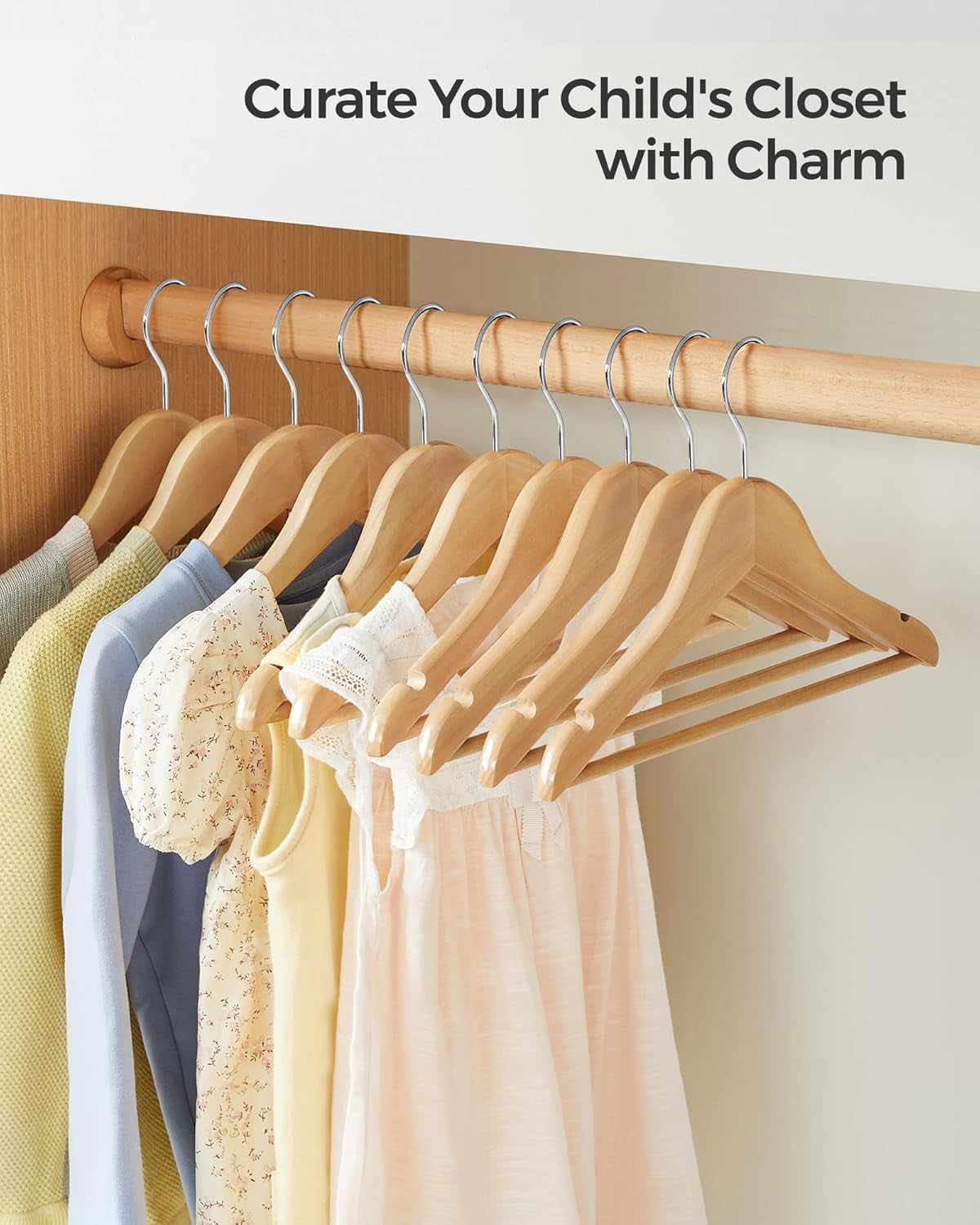 Kids Wooden Hangers 20 Pack, Solid Wood Baby Hangers, Children'S Coat Hangers with Pants Bar, Shoulder Notches, Swivel Hooks, 12.6 X 7.5 Inches, Natural and Silver UCRW06NL