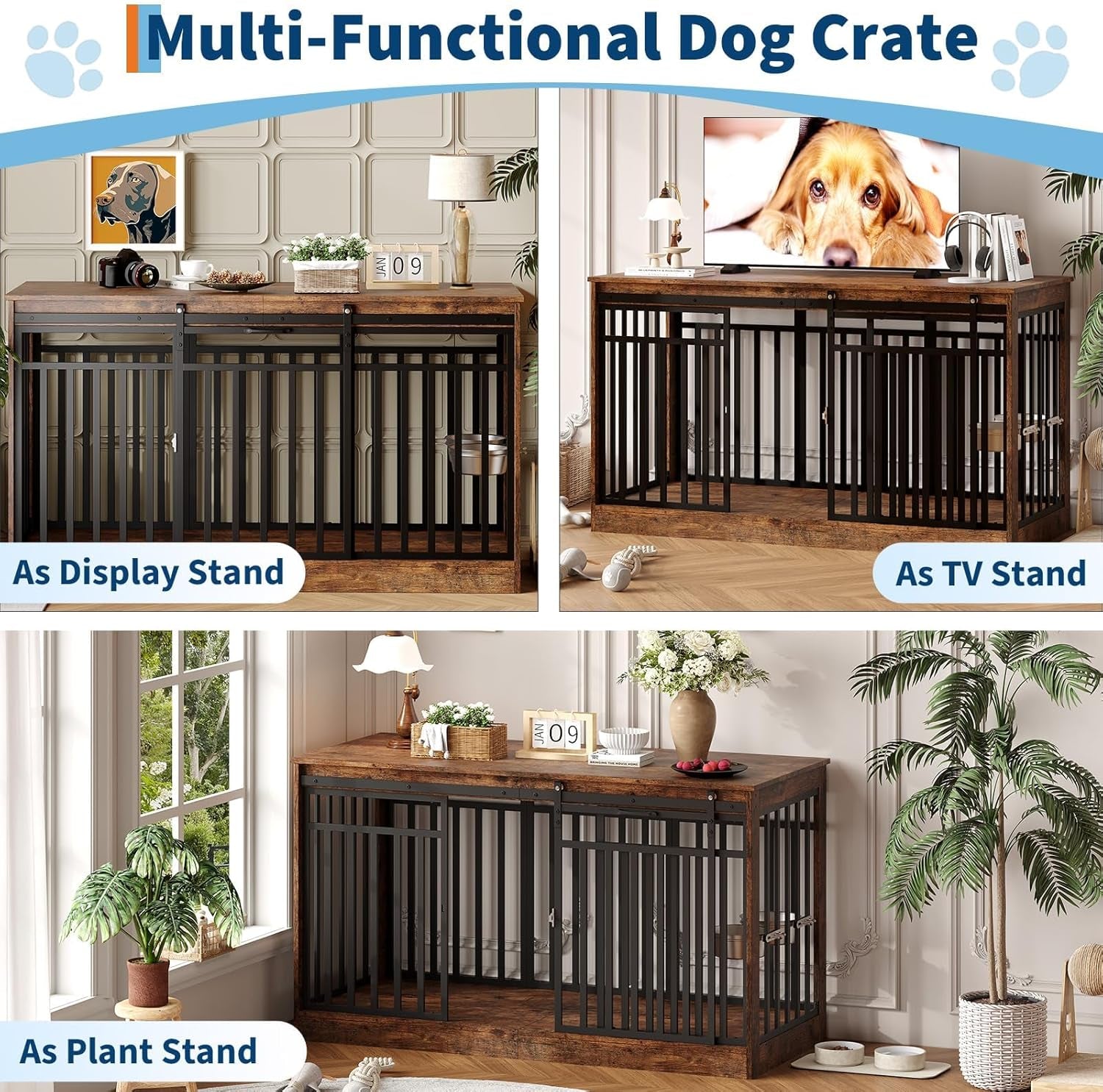 Dog Crate Furniture, 55 Inch Large Dog Cage with Sliding Door and Food Bowl, Heavy Duty Wood & Metal Kennel Table TV Stand for Medium Large Dogs, Rustic Brown