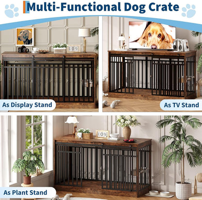 Dog Crate Furniture, 55 Inch Large Dog Cage with Sliding Door and Food Bowl, Heavy Duty Wood & Metal Kennel Table TV Stand for Medium Large Dogs, Rustic Brown