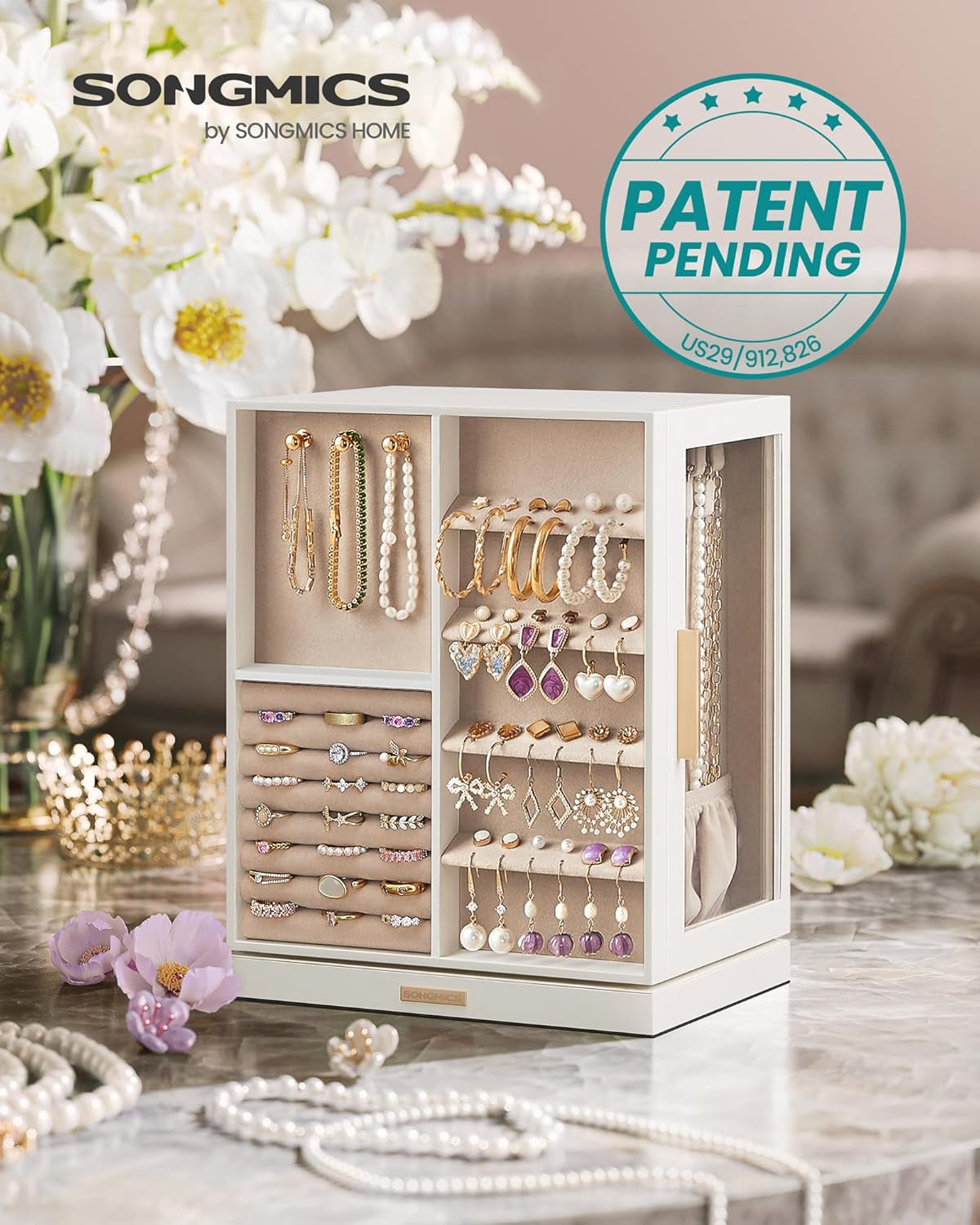 Jewelry Box 360° Rotating, Jewelry Storage Case with 5 Drawers, Jewelry Organizer, Glass Window, Spacious, Vertical Jewelry Storage, Open Design, Great Gift, Cloud White UJBC170W01