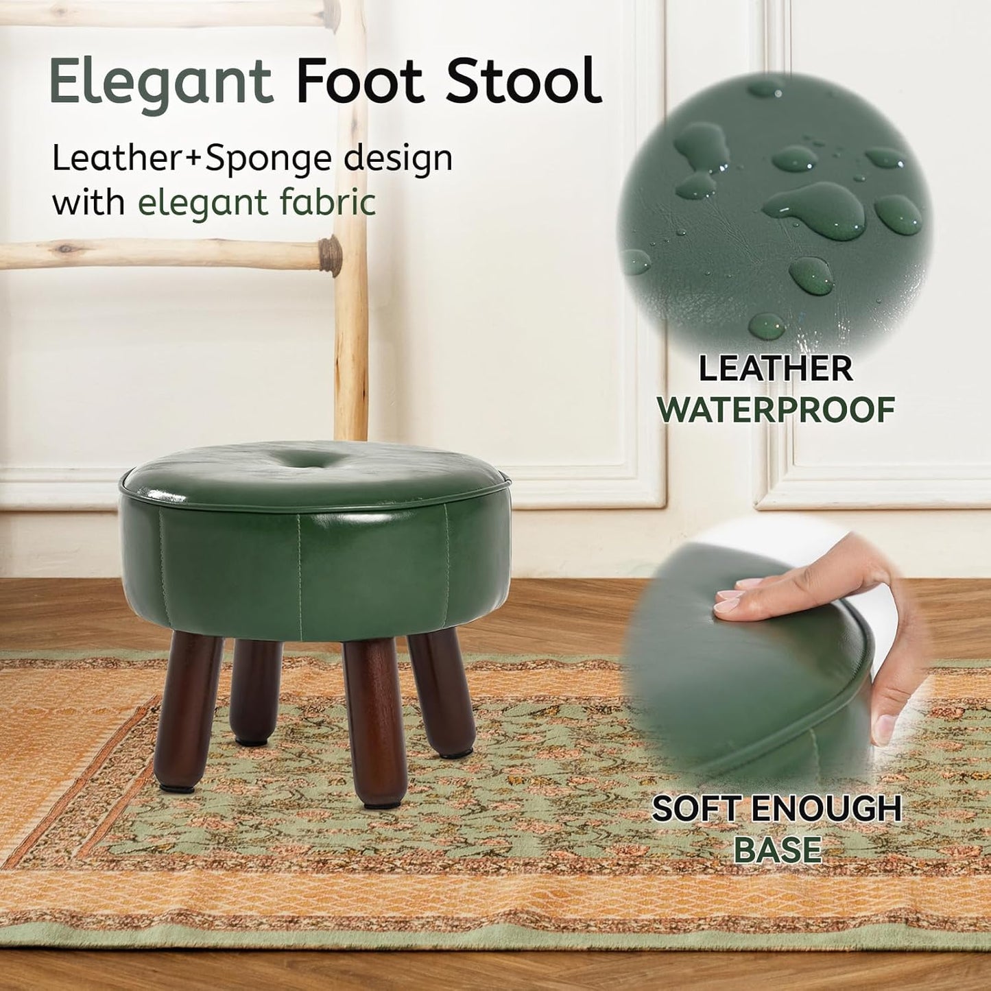 13In Small Foot Stool Ottoman, round Faux Leather Foot Rest for Couch, under Desk Pouf Footstool Footrest with Non-Skid Rubber Legs for Ling Room, Bedroom, 13''L X 13''W X 10.2''H, Green