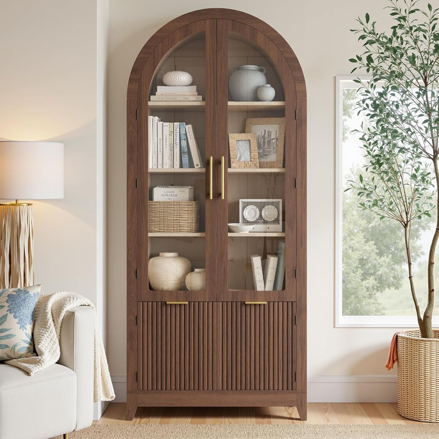 Tall Arched Cabinet with Glass Doors, 68.9" Pantry Storage Cabinets with Fluted Doors & Adjustable Shelves, Mid Century Modern Wood Display Bookcase for Kitchen, Living Room, Bathroom, Walnut