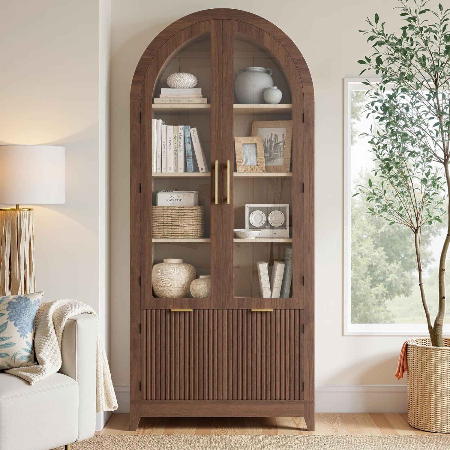 Tall Arched Cabinet with Glass Doors, 68.9" Pantry Storage Cabinets with Fluted Doors & Adjustable Shelves, Mid Century Modern Wood Display Bookcase for Kitchen, Living Room, Bathroom, Walnut