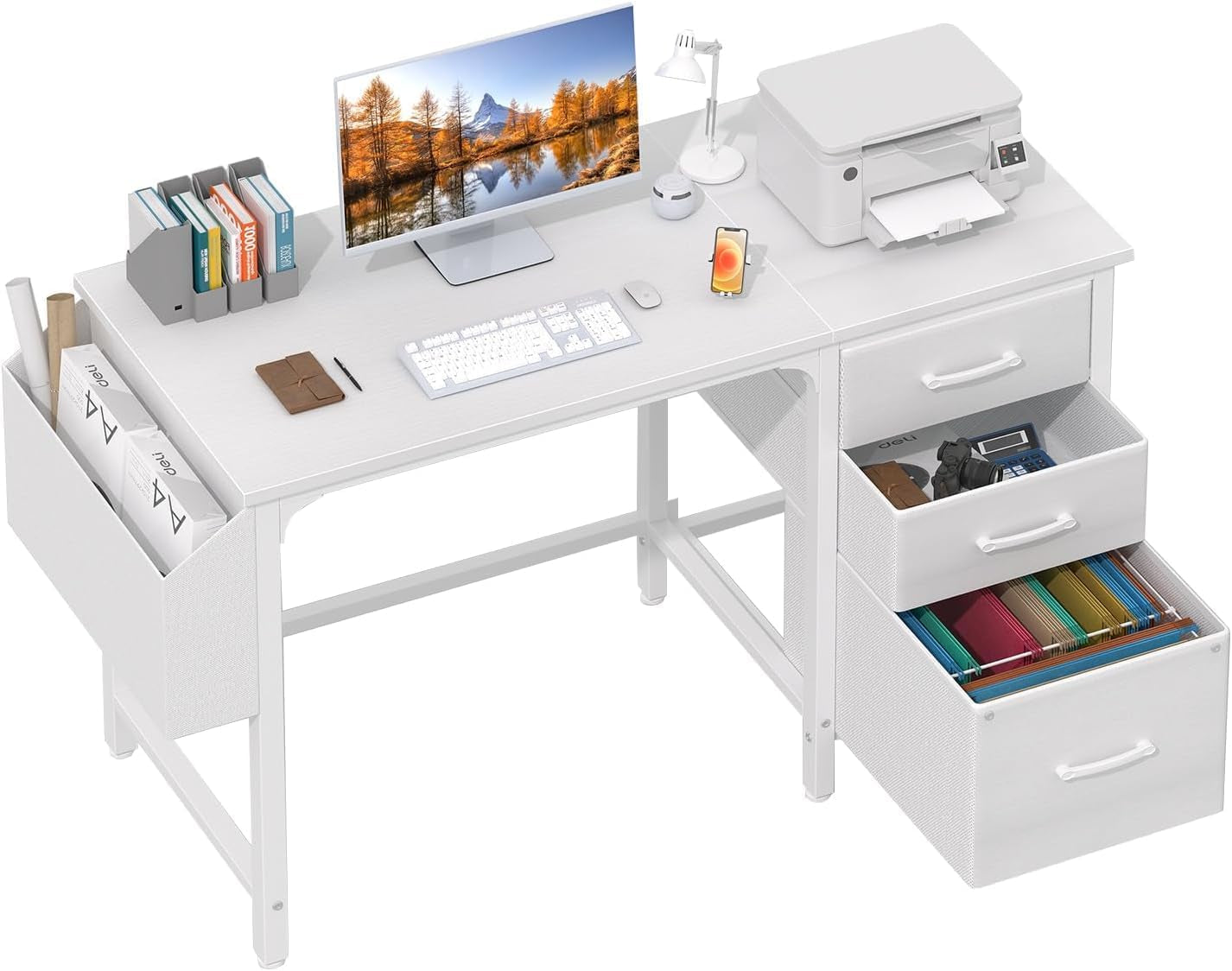 White Desk with Fabric File Drawers Cabinet, 47 Inch Reversible Computer Desk with Filing Cabinet for Bedroom Small Space Home Office, Modern Writing Table PC Desks, White
