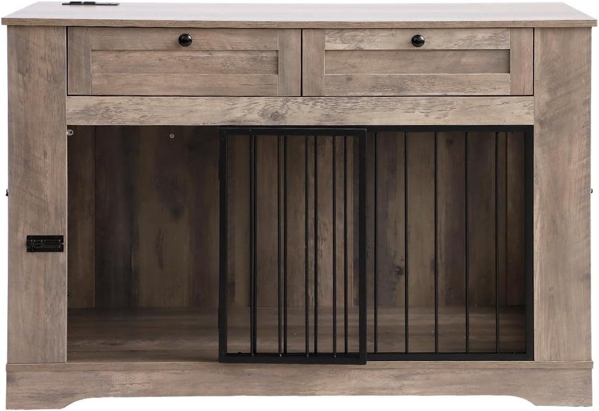 Large Dog Crate Furniture-Decorative Heavy Duty Dog Cage Indoor, Wooden Dog Cage End Table with Charging Station, Dog House with 2 Drawers (Gray, 47.2''L)