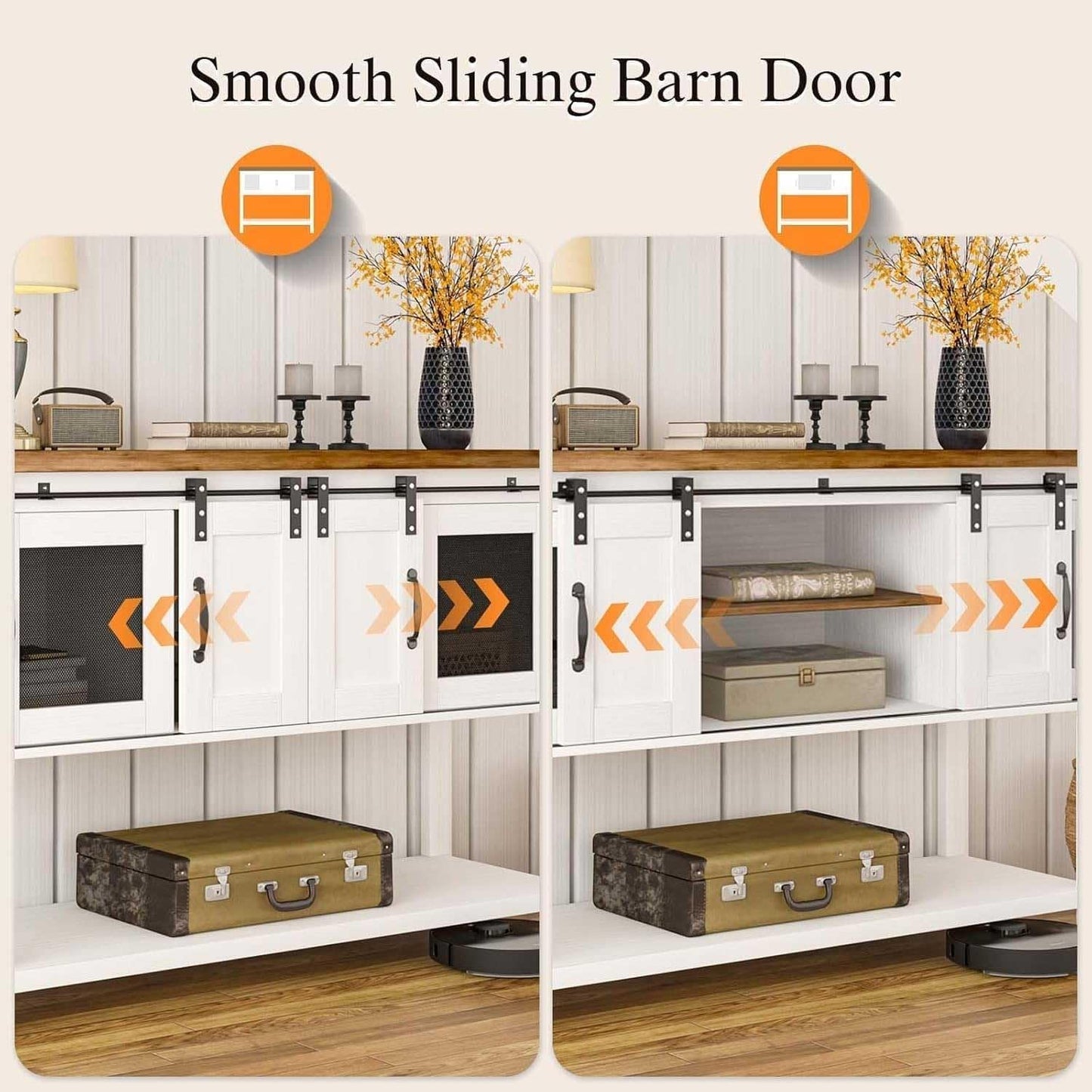 Farmhouse Coffee Bar Cabinet with Storage, 47'' Coffee Bar Table with Sliding Barn Door, White Coffee Buffet Cabinet with Metal Mesh Doors, Console Table with Bottom Open Shelf, Living Room