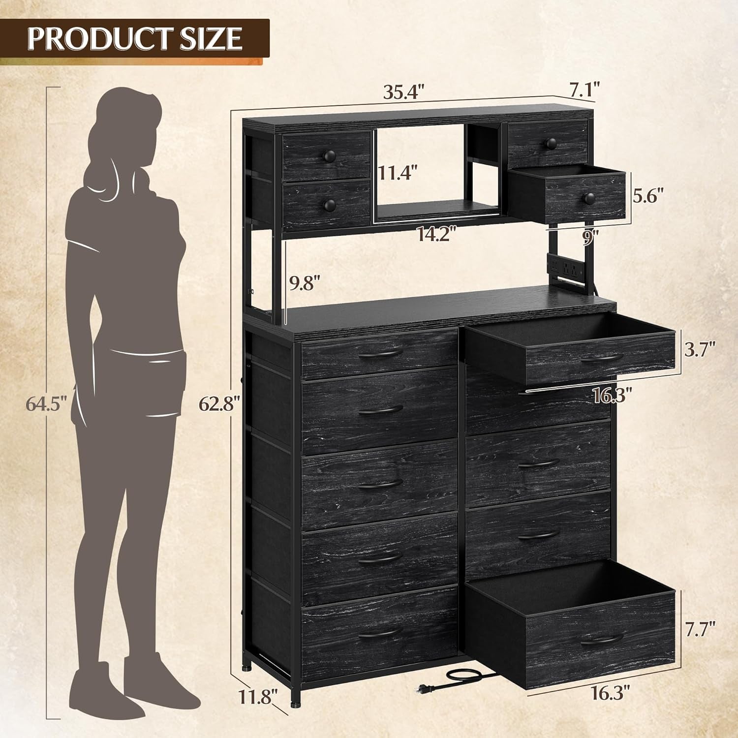 Black Dresser with 14 Fabric Drawers, Dresser for Bedroom with Charging Station and LED Lights,Dressers & Chests of Drawers for Bedroom, Steel Frame & Wooden Top, Entryway