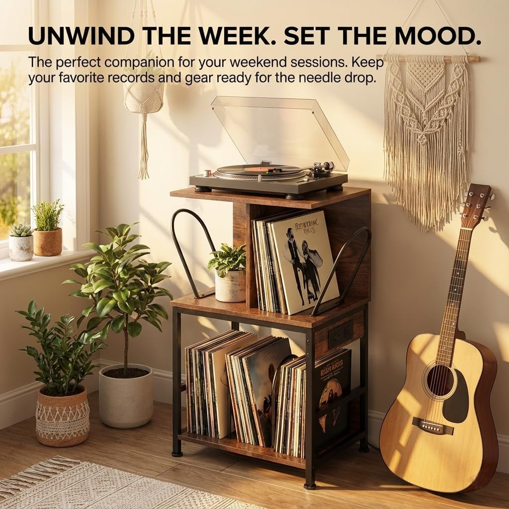 Record Player Stand with Vinyl Storage, Large Record Table Holds 180 Albums, Vinyl Record Storage Stand with USB Charger, Multi-Functional Side Table & Shelf for Living Room Bedroom
