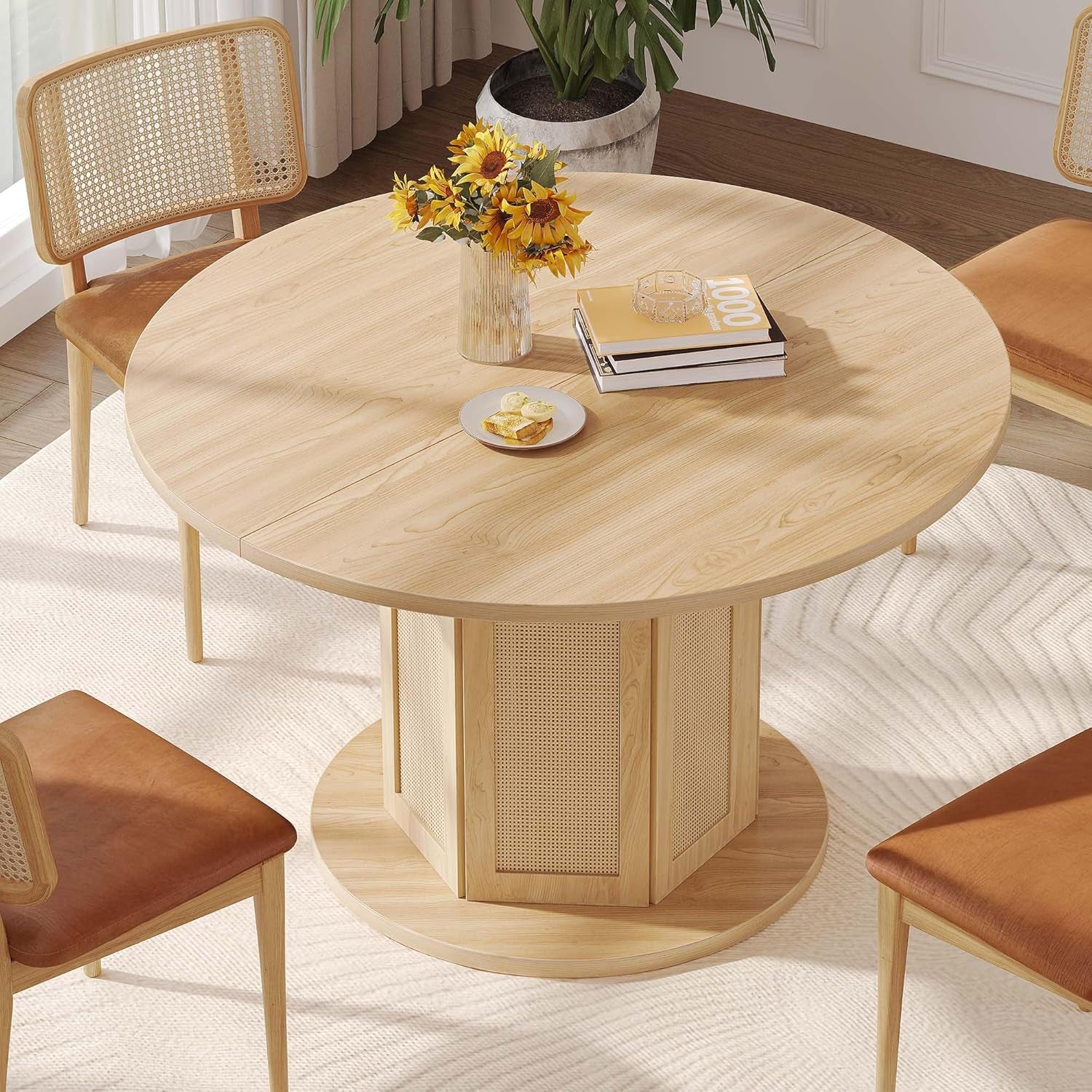 round Dining Table for 4-6 People 47 Inch Farmhouse Kitchen Table with Rattan Circular Base Wooden Dinner Table for Dining Room Family Gathering, Natural Oak