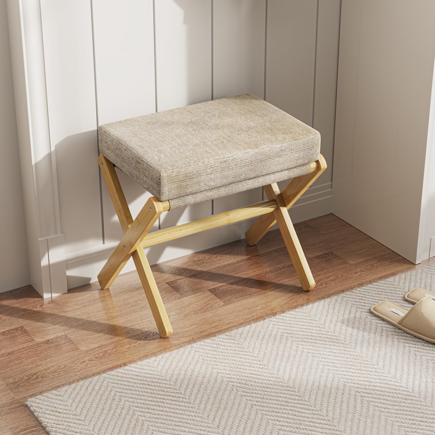 Foldable Foot Stool Ottoman, Modern Foot Rest with Bamboo X Legs & Thick Foam Cushion, Folding Foot Stools Small Padded for Bedroom Living Room, Footstool for Chair Couch (Natural - Brown)