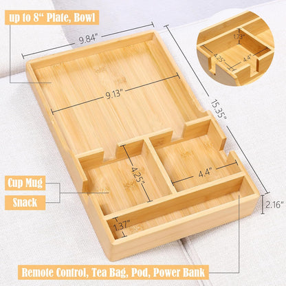 Couch Tray, 2-In-1 Insert & Flat Sofa Organizer Bamboo with 2 Cup Holders,Fits Seat Gaps or Ottomans,For Snacks, Drinks, Remotes,15.35X9.84-Inch