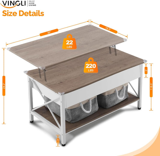 36" Lift Top Coffee Table with Free Cloth Storage Bins, White Walnut Framhouse Coffee Tables for Living Room, Small Modern Coffee Table for Small Space in Minimalistic Style, Dark Walnut