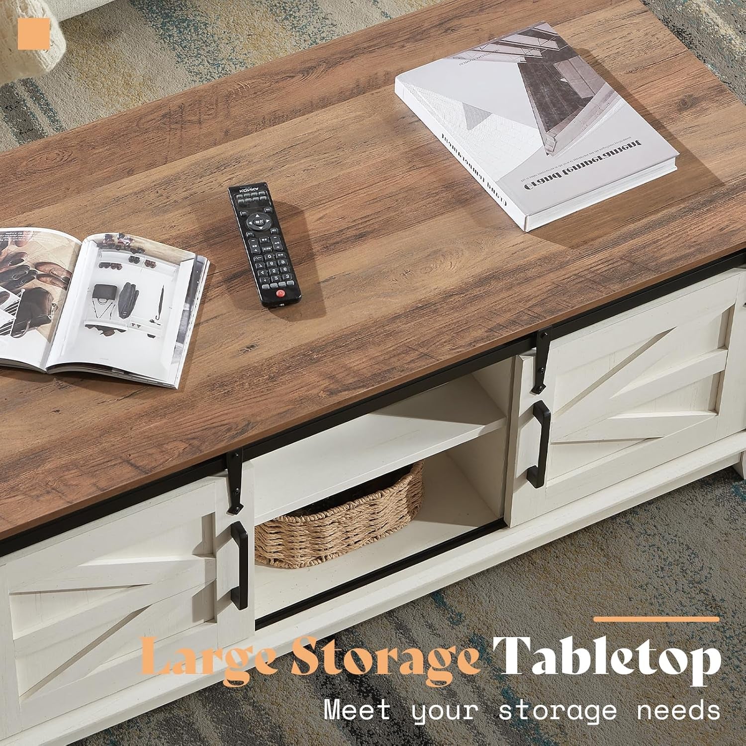 Farmhouse Coffee Table with Sliding Barn Doors & Storage Cabinet for Living Room, 48" Modern Center Table, Adjustable Shelves, Rustic White