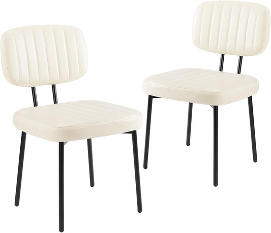 Dining Chairs Set of 2, Upholstered Mid Century Modern Kitchen Accent Chairs with Faux Leather Cushion Seat & Metal Legs for Home Office, Living Room - Cream White
