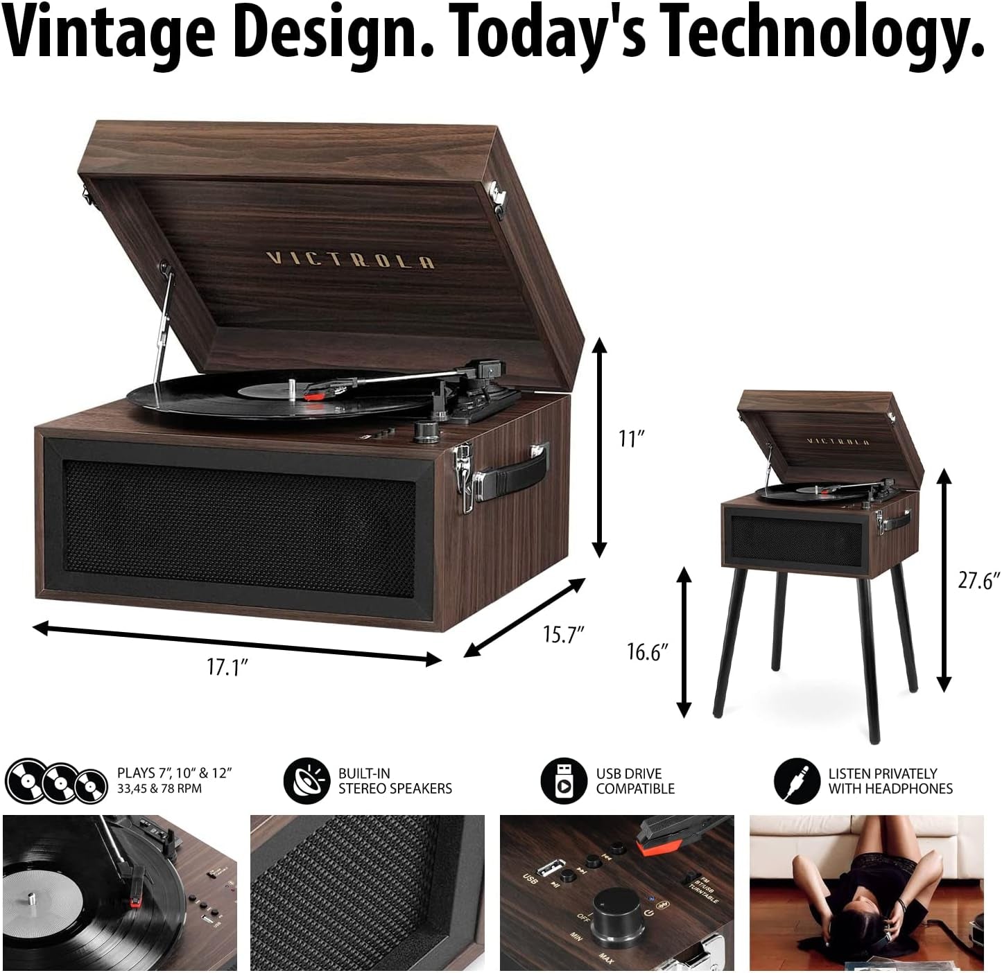 Liberty – Bluetooth Record Player – 5-In-1 Turntable with Vinyl Stream, FM Radio, USB Playback, Built-In Speakers, Use as Stand or Tabletop Player (Espresso)
