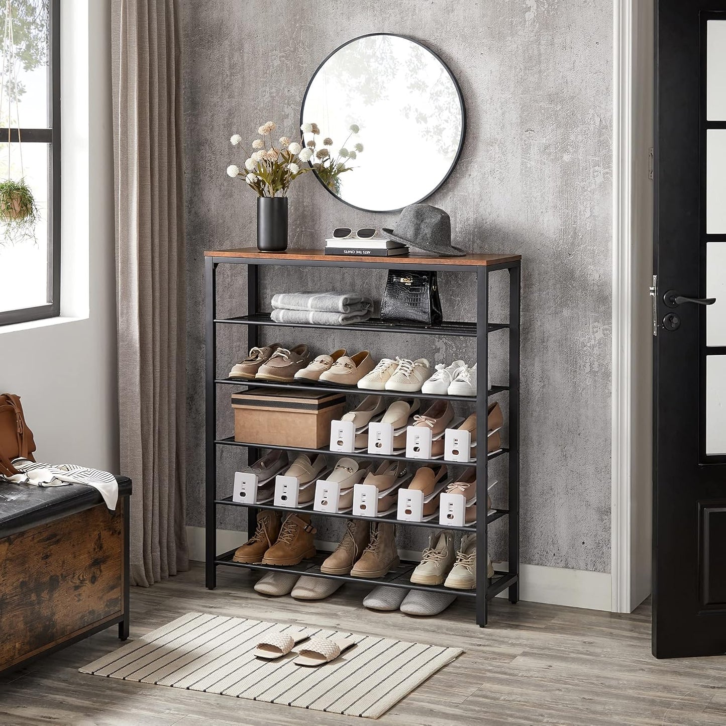 INDESTIC Shoe Rack, Shoe Organizer for Closet with 4 Mesh Shelves and Large Top for Bags, Entryway Hallway Shoe Shelf, Steel Frame, Industrial, Honey Brown and Black ULBS015B05