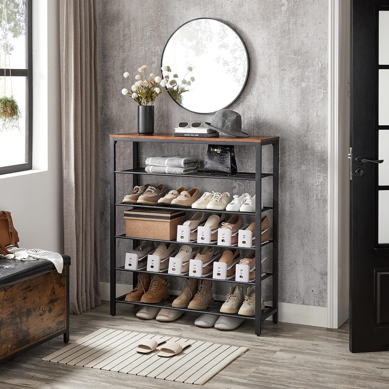 INDESTIC Shoe Rack, Shoe Organizer for Closet with 4 Mesh Shelves and Large Top for Bags, Entryway Hallway Shoe Shelf, Steel Frame, Industrial, Honey Brown and Black ULBS015B05