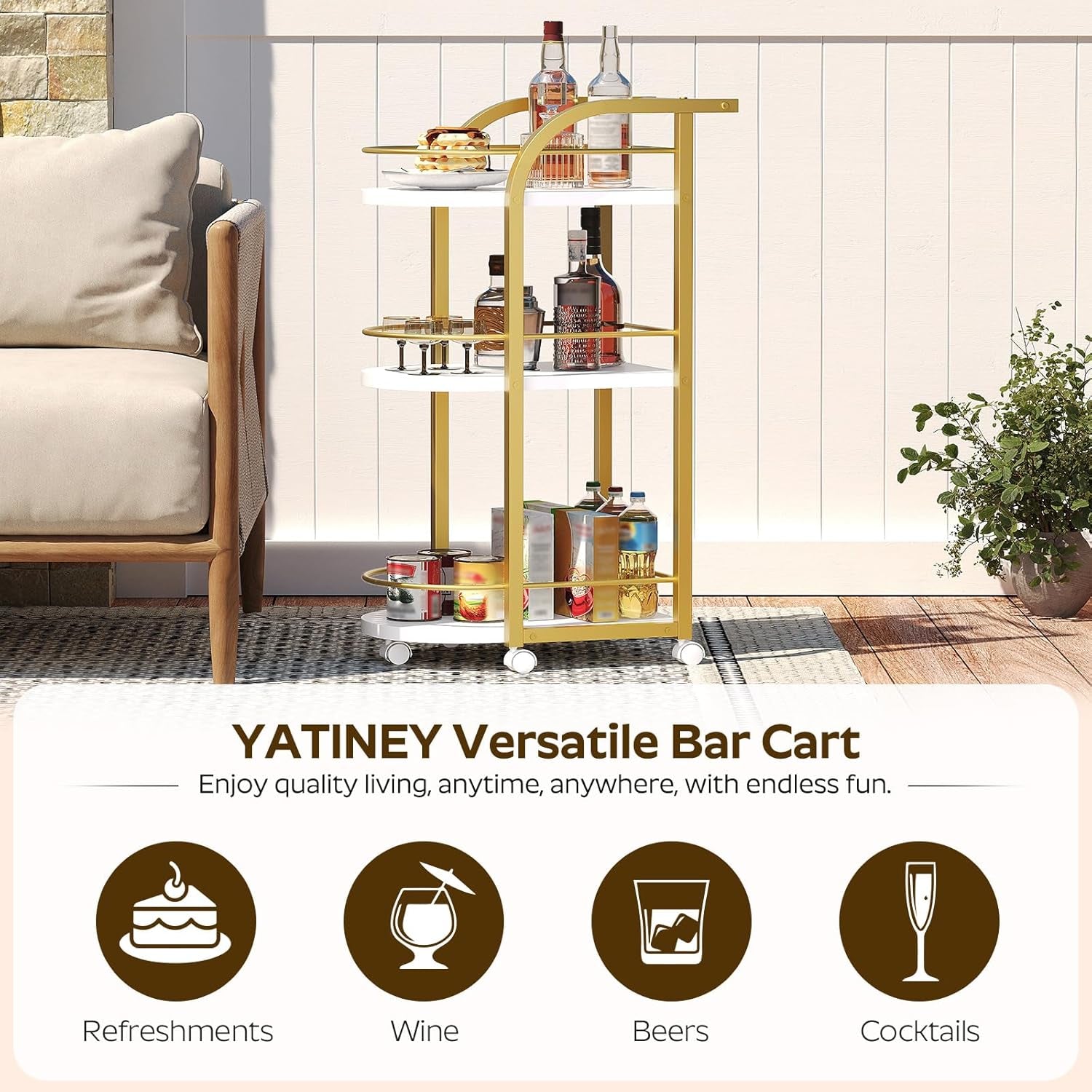 3-Tier Bar Cart, Home Bar Serving Cart with Fence and Wheels, for Dining Room, Living Room, Garden, Party, White and Gold BC06DW