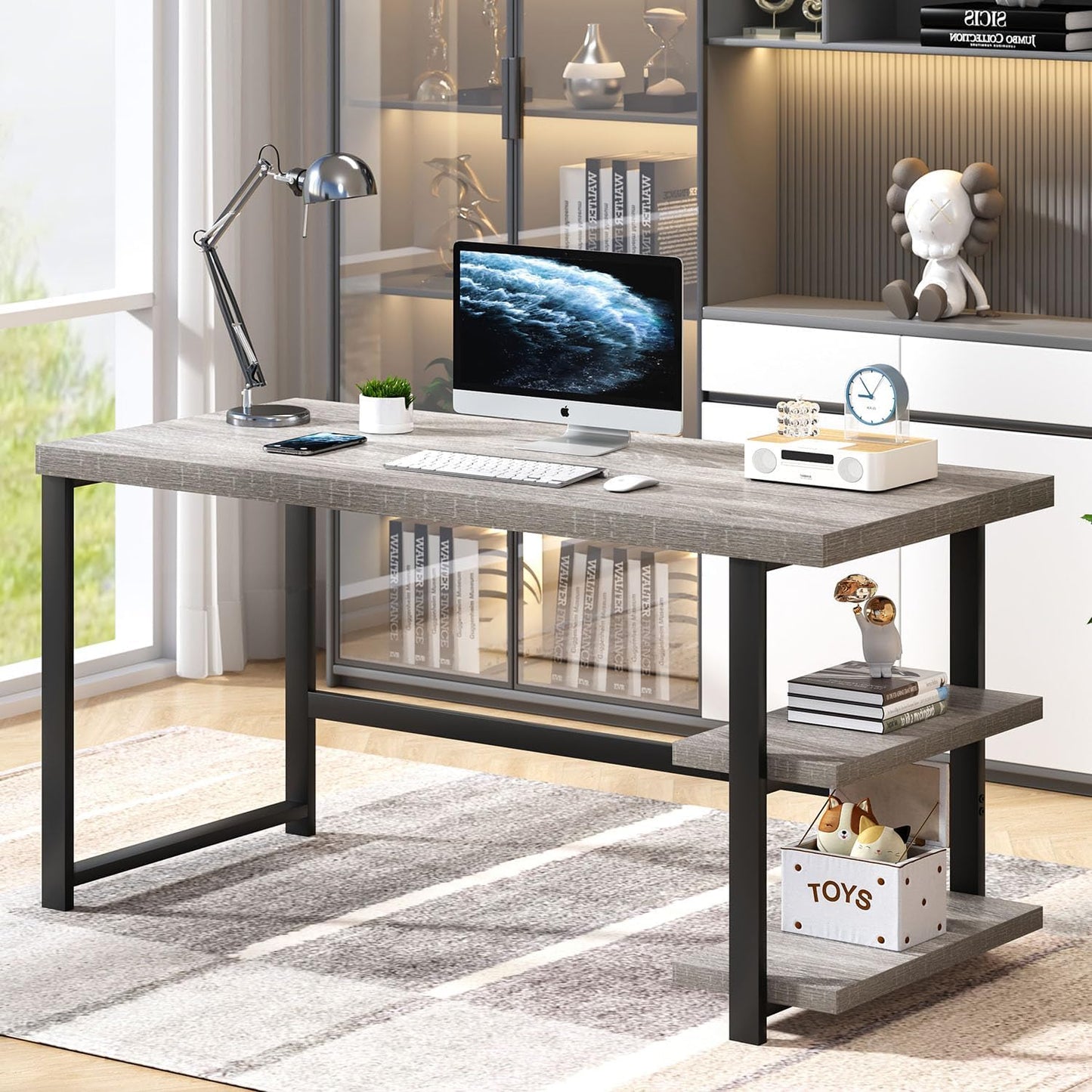47 Inch Home Office Desk, Modern Computer Desk with Storage Shelves, Small Study Writing Gaming Table Workstation for Living Room Bedroom, Industrial Light Grey