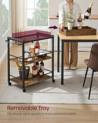 Kitchen Serving Cart with Removable Tray, 3-Tier Kitchen Utility Cart on Wheels with Storage, with Brakes, Leveling Feet, 15.7 X 28.3 X 33.9 Inches, Rustic Brown and Black ULRC72X