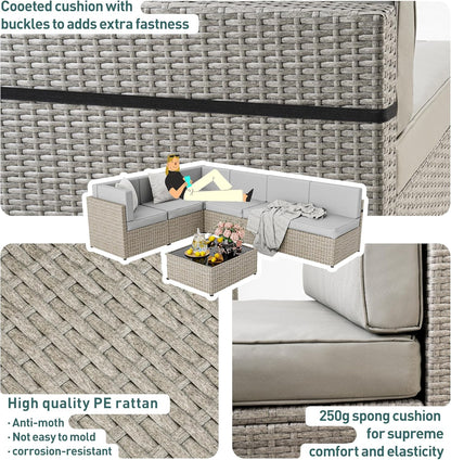 7-Piece Outdoor Sectional Furniture Set, All-Weather Wicker Patio Sofa with Washable Cushions, Gray Waterproof Rattan Conversation Set for Backyard, Poolside, Garden (Gray Cushions)