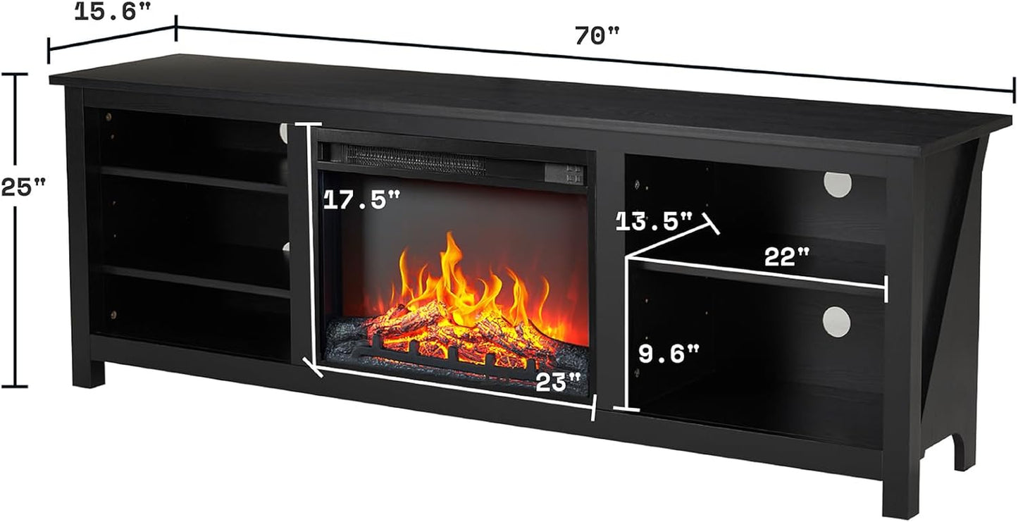 Fireplace TV Stand, Wood Texture Entertainment Center with 23'' Electric Fireplace, Farmhouse Entertainment Stand Media TV Console for Tvs up to 80'', 70 Inches, Black