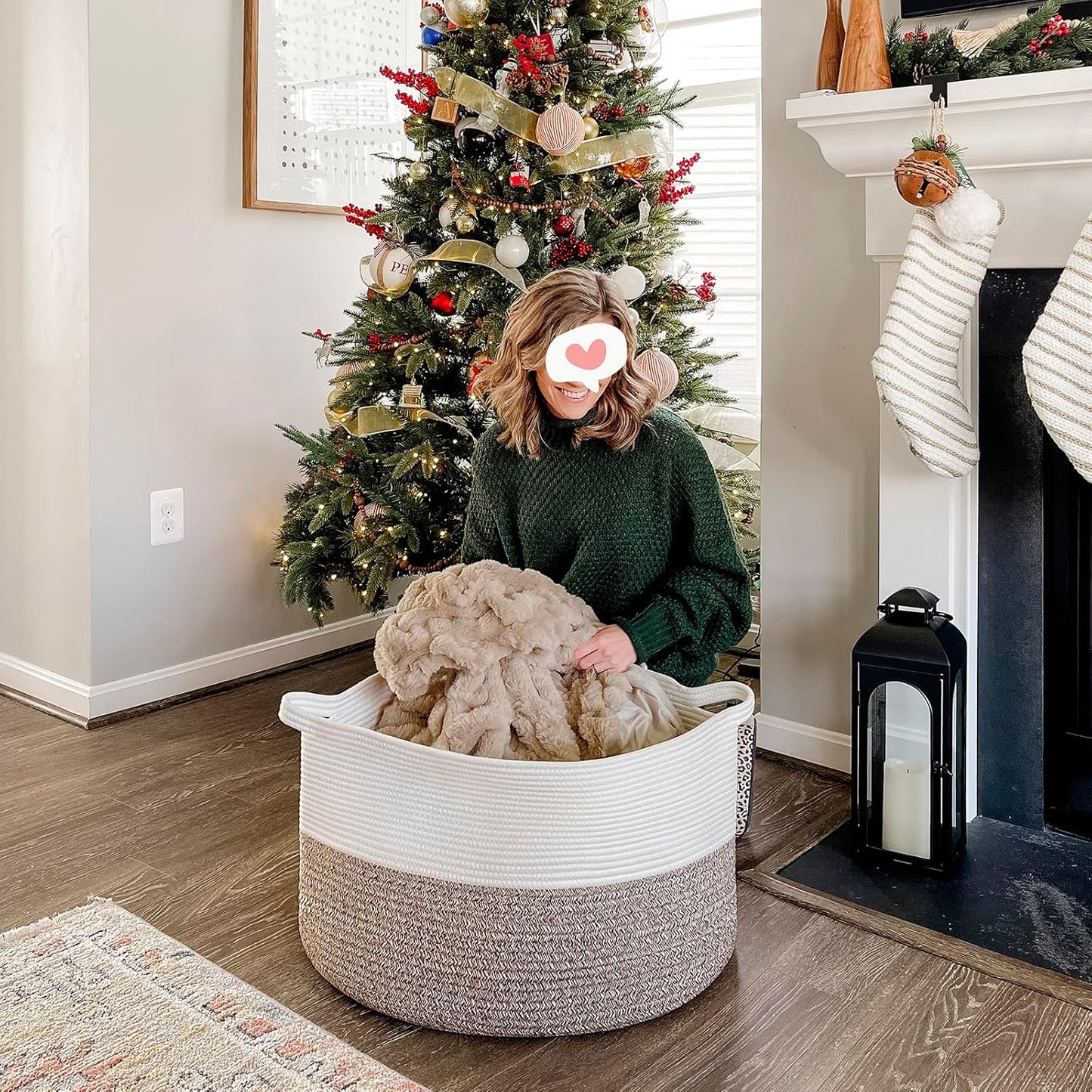 Xxxlarge Blanket Basket for Living Room 21.7" X 21.7" X 13.8"-Storage Basket with Handle for Organizing Toy Pillows Woven Cotton Rope Laundry Basket Stuffed Animal Toy Storage for Play Room