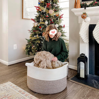Xxxlarge Blanket Basket for Living Room 21.7" X 21.7" X 13.8"-Storage Basket with Handle for Organizing Toy Pillows Woven Cotton Rope Laundry Basket Stuffed Animal Toy Storage for Play Room