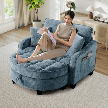 Chaise Lounge Chair Indoor, Chenille Oversized Sofa Chair with Storage Ottoman & Adjustable Backrest, Fluffy Loveseat Sofa, Comfy Convertible Sleeper Couch Bed for Living Room, Bedroom(Blue)
