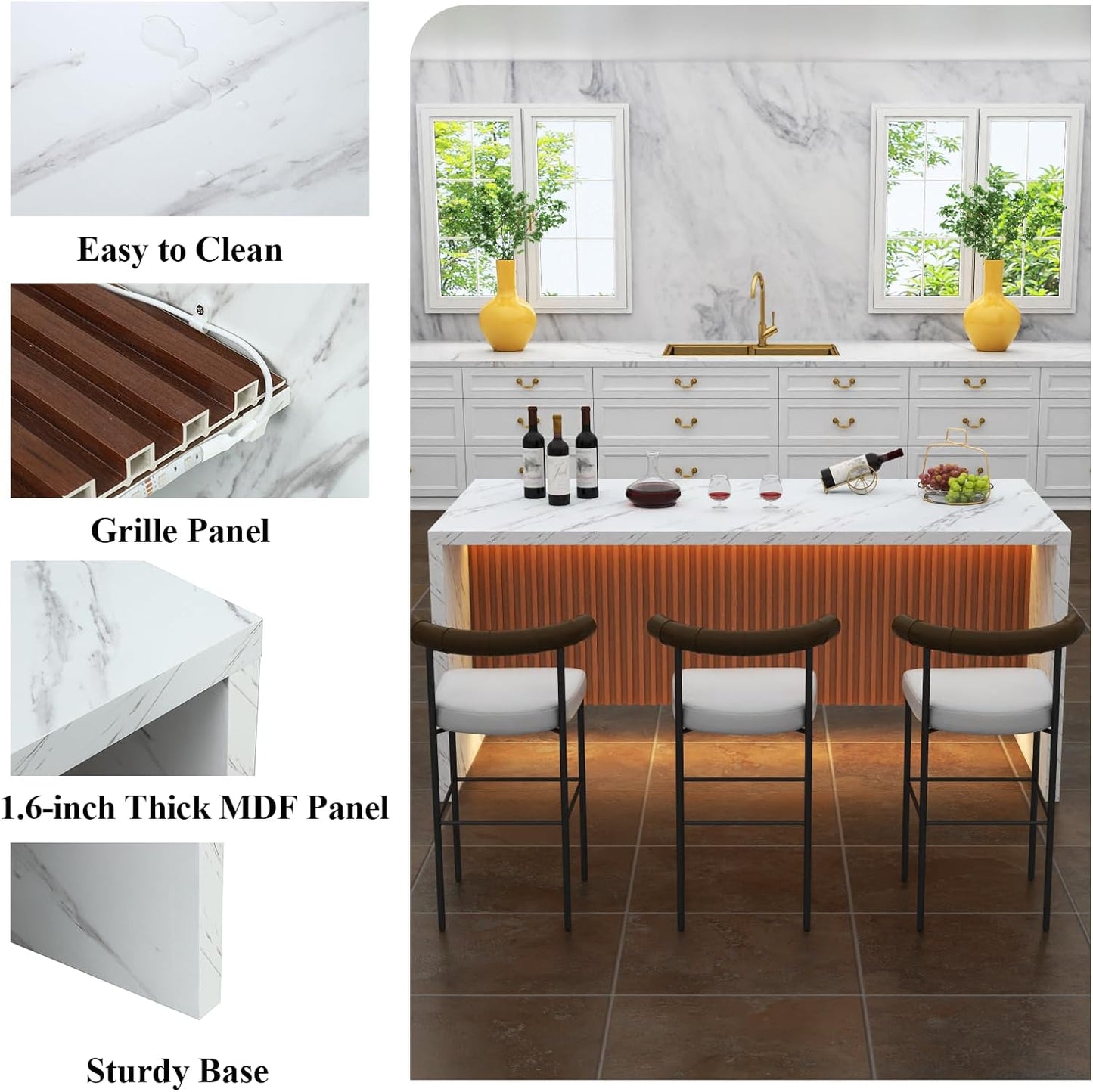 71" Large Imitation Marble Dining Table for 6-8 People(Patent Pending), Island Table with LED Lights, Mordern Marble Stripes Kitchen Dining Table with Grille Design for Dining Room,Living Room,White