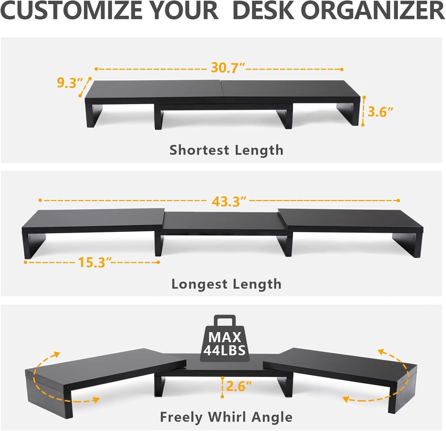 TAVR Dual Monitor Stand Riser Office Desktop Organizer Stand for 2 Monitors, Adjustable Length and Angle 3 Shelf, Extra Long Multifunctional Stand up to 43.3" Fit Computer, Laptop, TV, Black