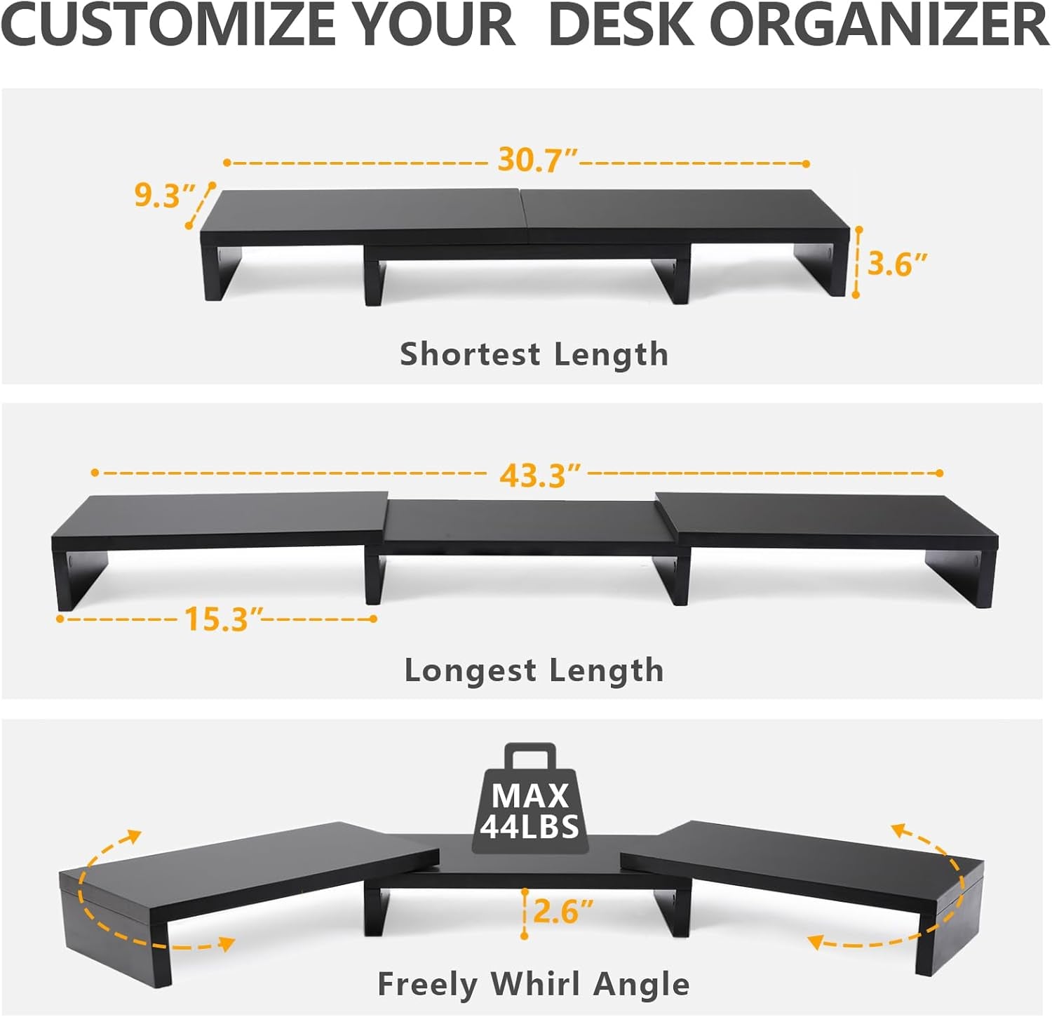 TAVR Dual Monitor Stand Riser Office Desktop Organizer Stand for 2 Monitors, Adjustable Length and Angle 3 Shelf, Extra Long Multifunctional Stand up to 43.3" Fit Computer, Laptop, TV, Black
