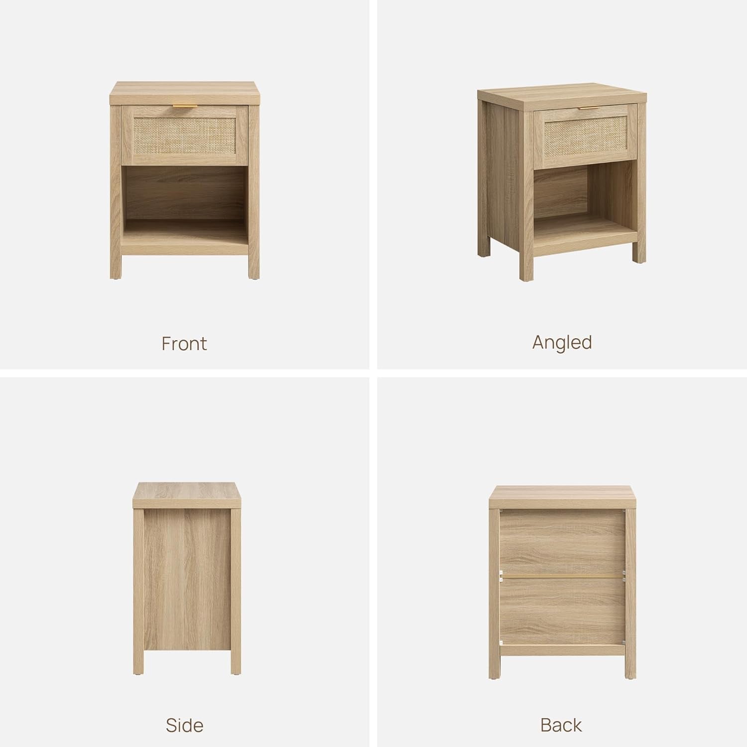 Rattan Nightstands Set of 2, Farmhouse Night Stand Bedside Table with Drawer and Storage Shelf - Boho End Side Table for Bedroom, Light Oak