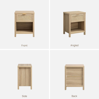 Rattan Nightstands Set of 2, Farmhouse Night Stand Bedside Table with Drawer and Storage Shelf - Boho End Side Table for Bedroom, Light Oak