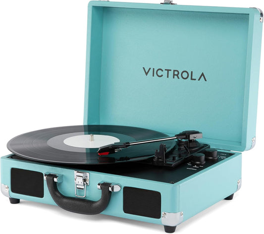 Journey II (2025 Model) – Bluetooth Suitcase Record Player – Built-In Stereo Speakers with Enhanced Bass, 3-Speed Turntable, Bluetooth Input and Output, RCA & Headphone Outputs (Turquoise)