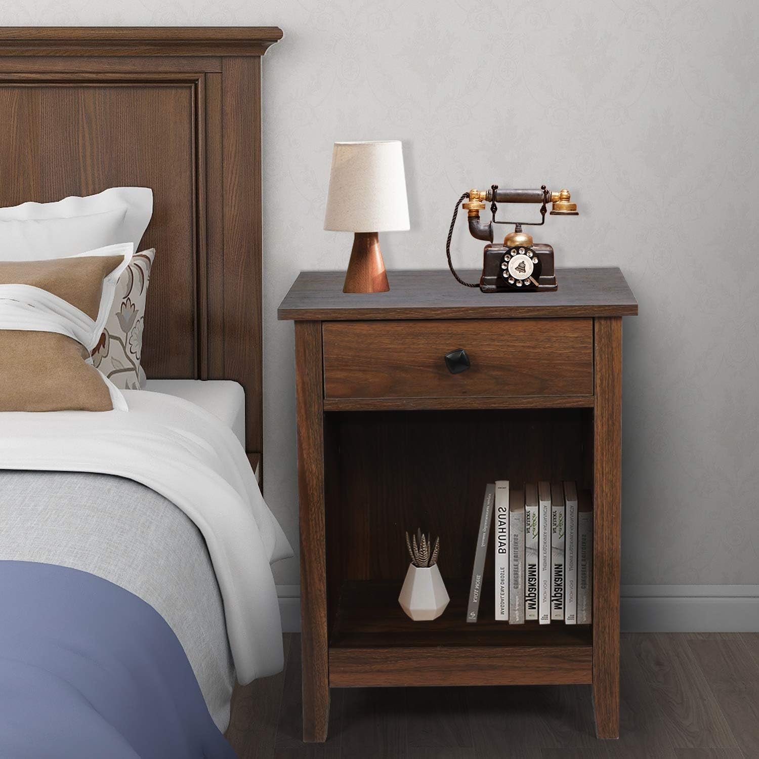 Bedroom Nightstands - Set of 2 Wooden Night Stands with Drawer for Home Bedside End Table Large Storage Furniture, Brown Wood Grain 18.11 in X 15.75 in X 23.62 In