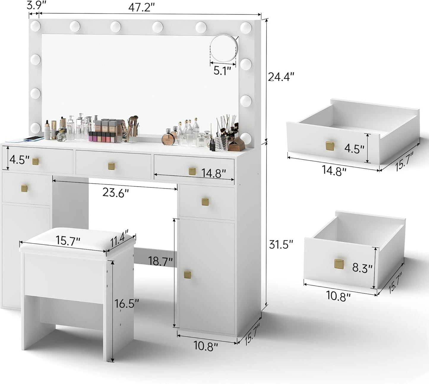 Makeup Vanity Desk with Lights, 41”Large Mirror, 12 Adjustable 3 Color LED Bulbs, 5 Drawers, Charging Outlet, Hairdryer Holder, Suitable for Girls' Makeup Vanity,White