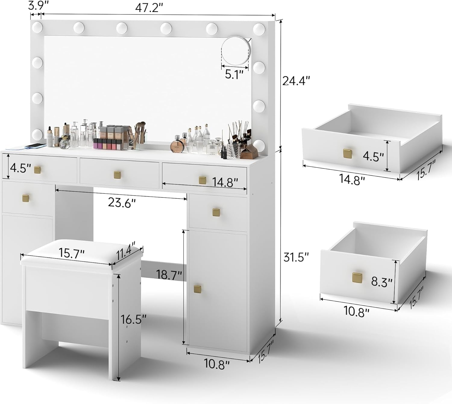 Makeup Vanity Desk with Lights, 41”Large Mirror, 12 Adjustable 3 Color LED Bulbs, 5 Drawers, Charging Outlet, Hairdryer Holder, Suitable for Girls' Makeup Vanity,White